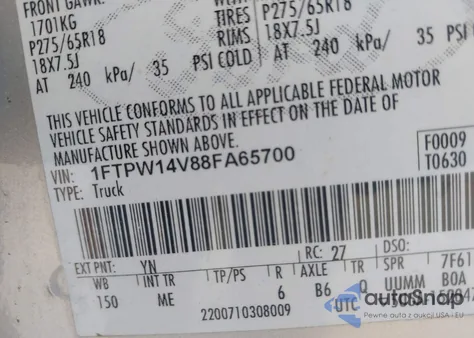 2008 Ford F-150 Xlt z USA, uszkodzony, nr VIN 1FTPW14V88FA65700